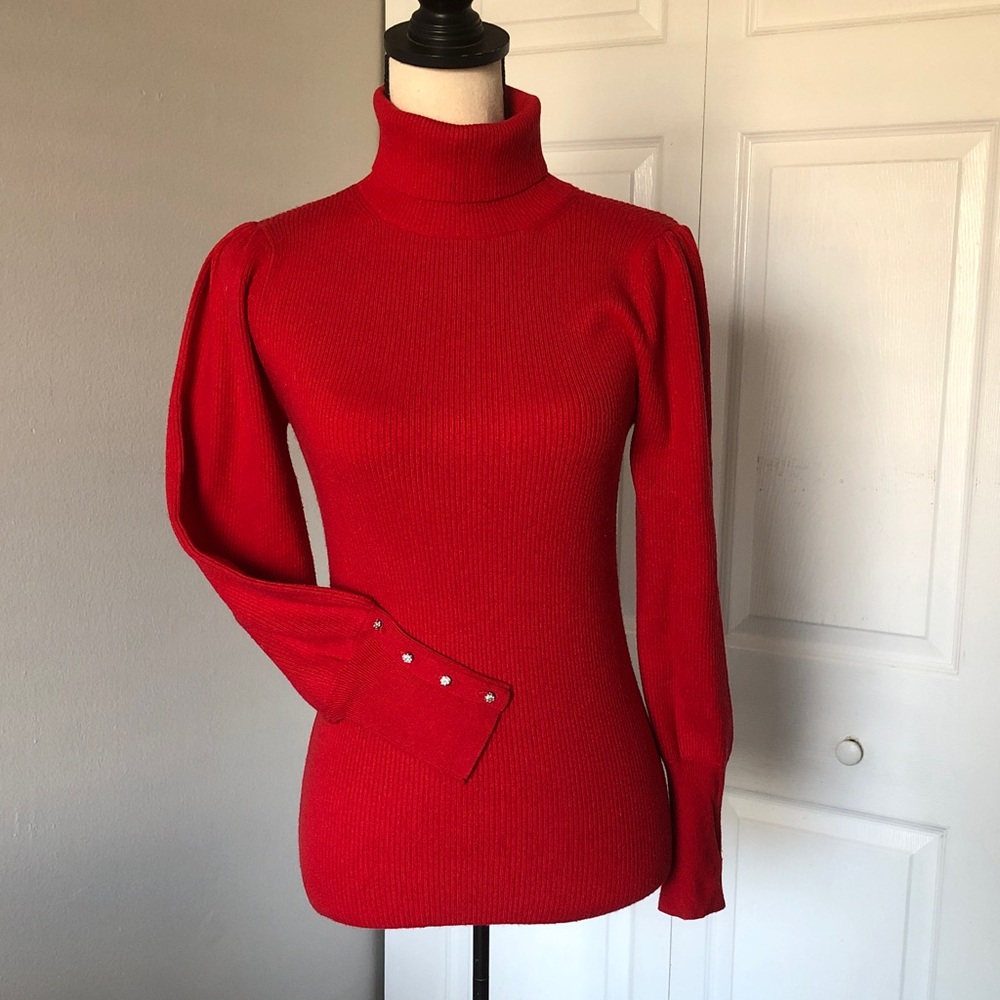 WOMEN- Puff Sleeve Embellished Button Cuffs Knit Ribbed Red Top | S